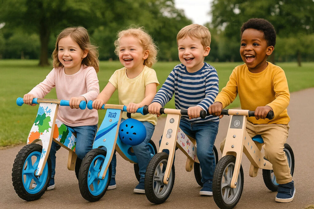 A wooden balance bike with water beading on its surface, demonstrating its water resistance
