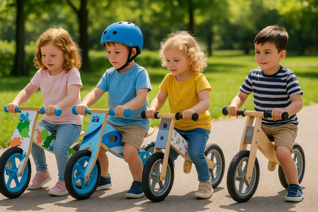 A designer's sketch and color palette next to a finished, custom-branded wooden balance bike
