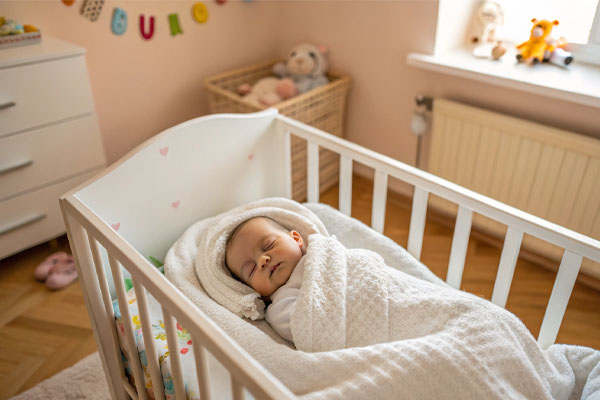 A baby sleeping comfortably in a mini crib in a small room