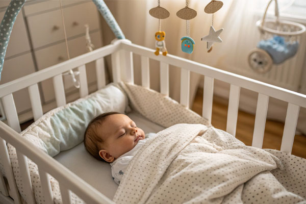 A baby sleeping safely alone in a crib