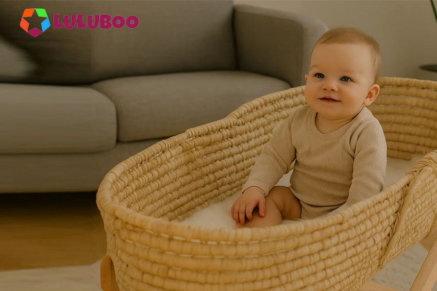A baby who is starting to push up on their arms, clearly showing they have outgrown the Moses basket
