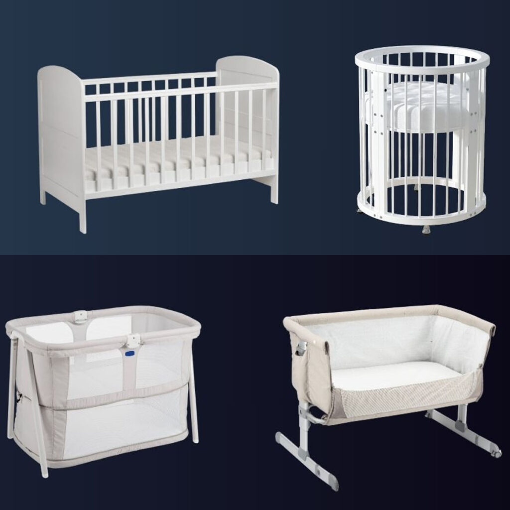 A bassinet next to a mini crib for size comparison
