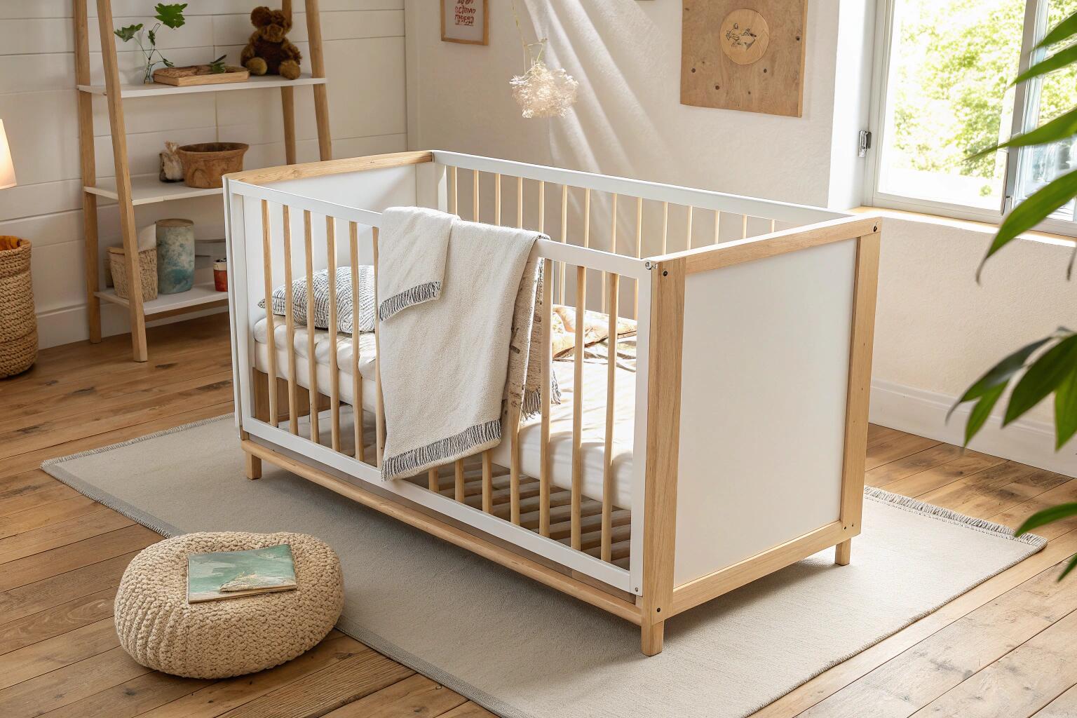 A beautiful, modern wooden crib in a brightly lit, safe nursery