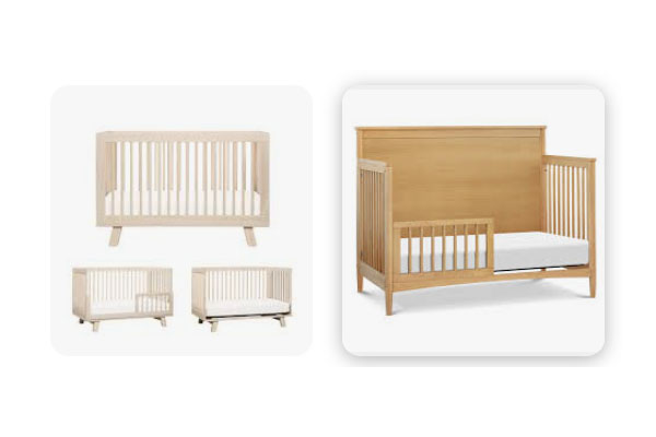 A classic DaVinci crib next to a modern Babyletto crib