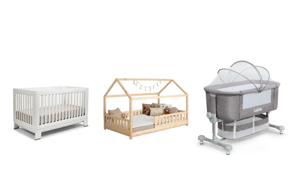 A collage showing a bassinet, a floor bed, and a portable playard as alternatives to a crib