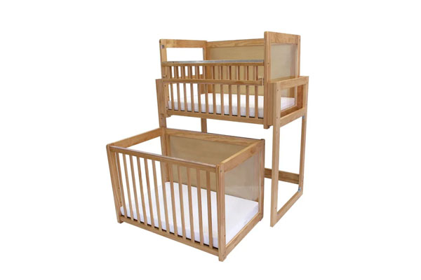 A diagram showing a modular crib transforming into a set of small chairs