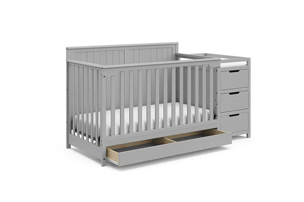 A modular crib that transforms into a toddler bed and nightstand