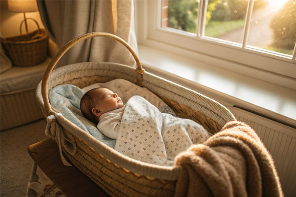 A newborn sleeping peacefully in a safe Moses basket in a sunlit room