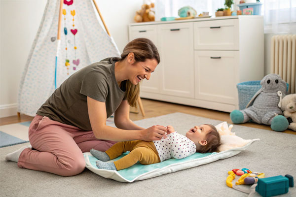 A parent changing an active toddler on a pad on the floor