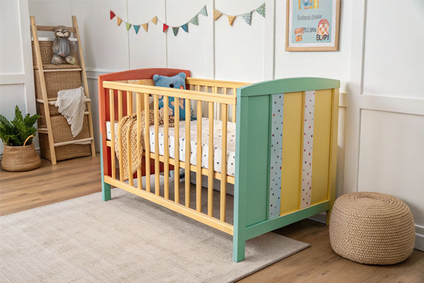 A safe, empty crib next to a collection of unsafe items (bumpers, blankets, toys) with a red line through them