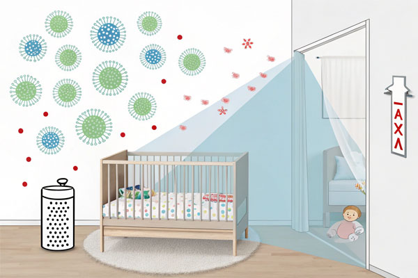A scientific diagram showing VOC particles being blocked from entering a baby's room