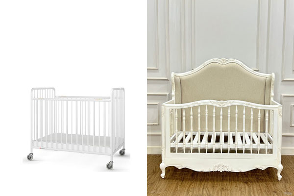  a crib labeled  Crib  in the US and  Cot  in the UK