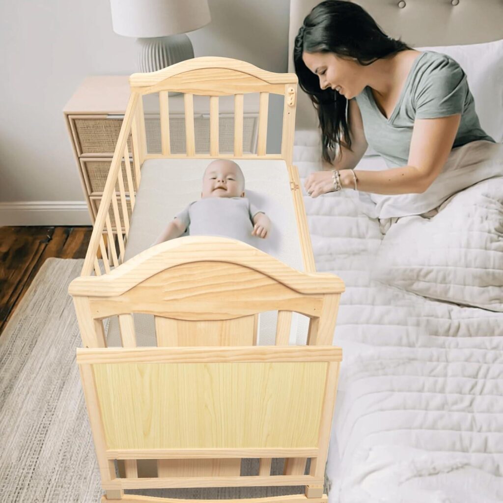 A safe sidecar crib attached securely to an adult bed in a calm bedroom