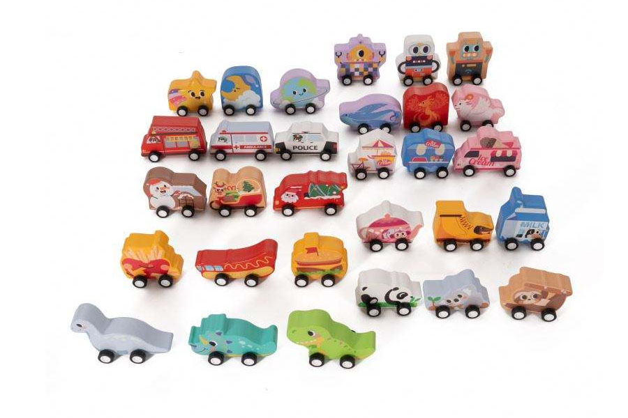A side-by-side comparison of a solid wooden car, a cracked plastic car, and a rusted metal car.