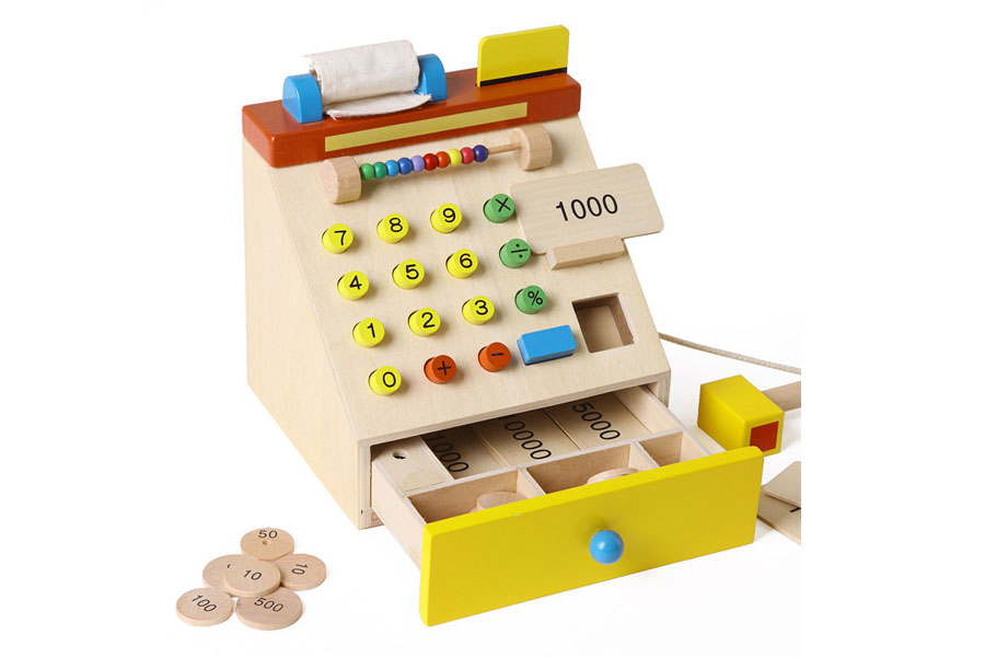 A sturdy, beautiful wooden cash register placed next to a flimsy plastic one