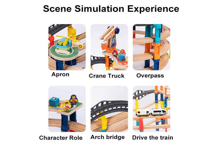 A toddler, a preschooler, and an older child all playing with the same wooden railway set in different ways.