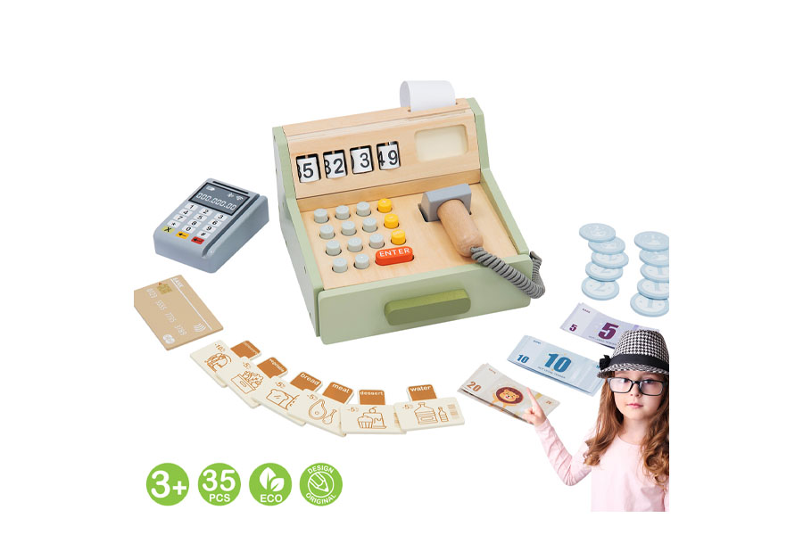 Two children playing 'store', one acting as the cashier with the wooden register and the other as the customer