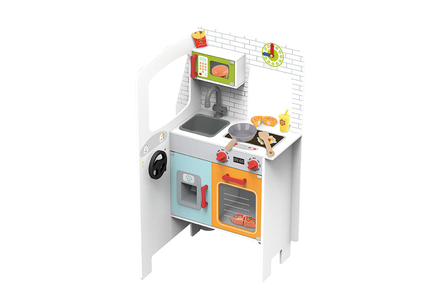 Two children playing together at a wooden kitchen, one cooking at the stove while the other washes dishes.